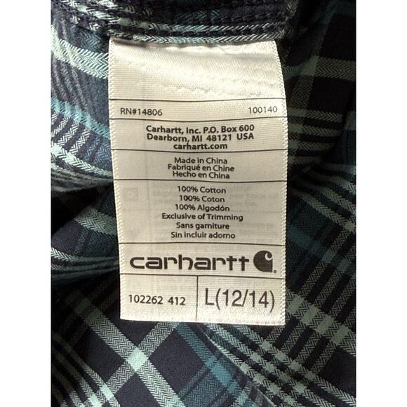 Carhartt Blue Plaid Women's Roll-Tab Sleeve Button-Up Shirt, Size L Large 12/14 - Picture 7 of 9